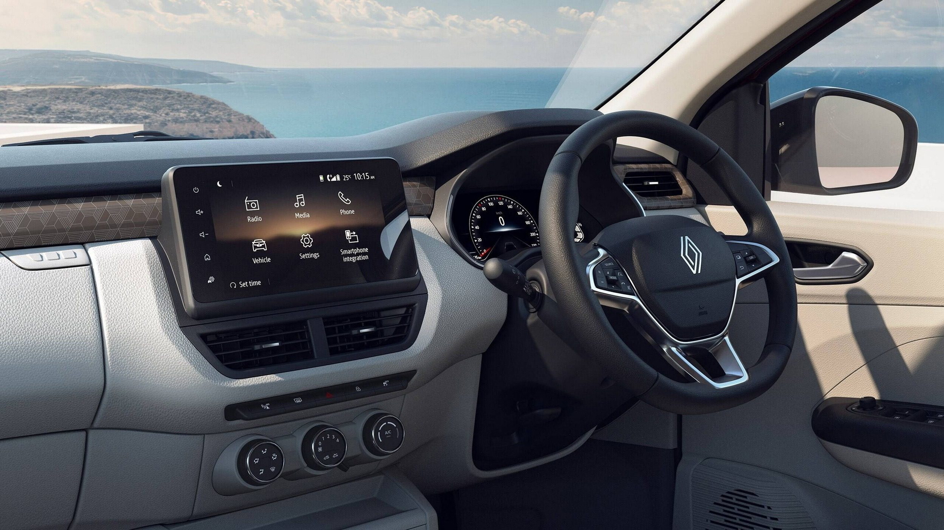 Interior del Renault Triber, destaca su pantalla central y diseño funcional.