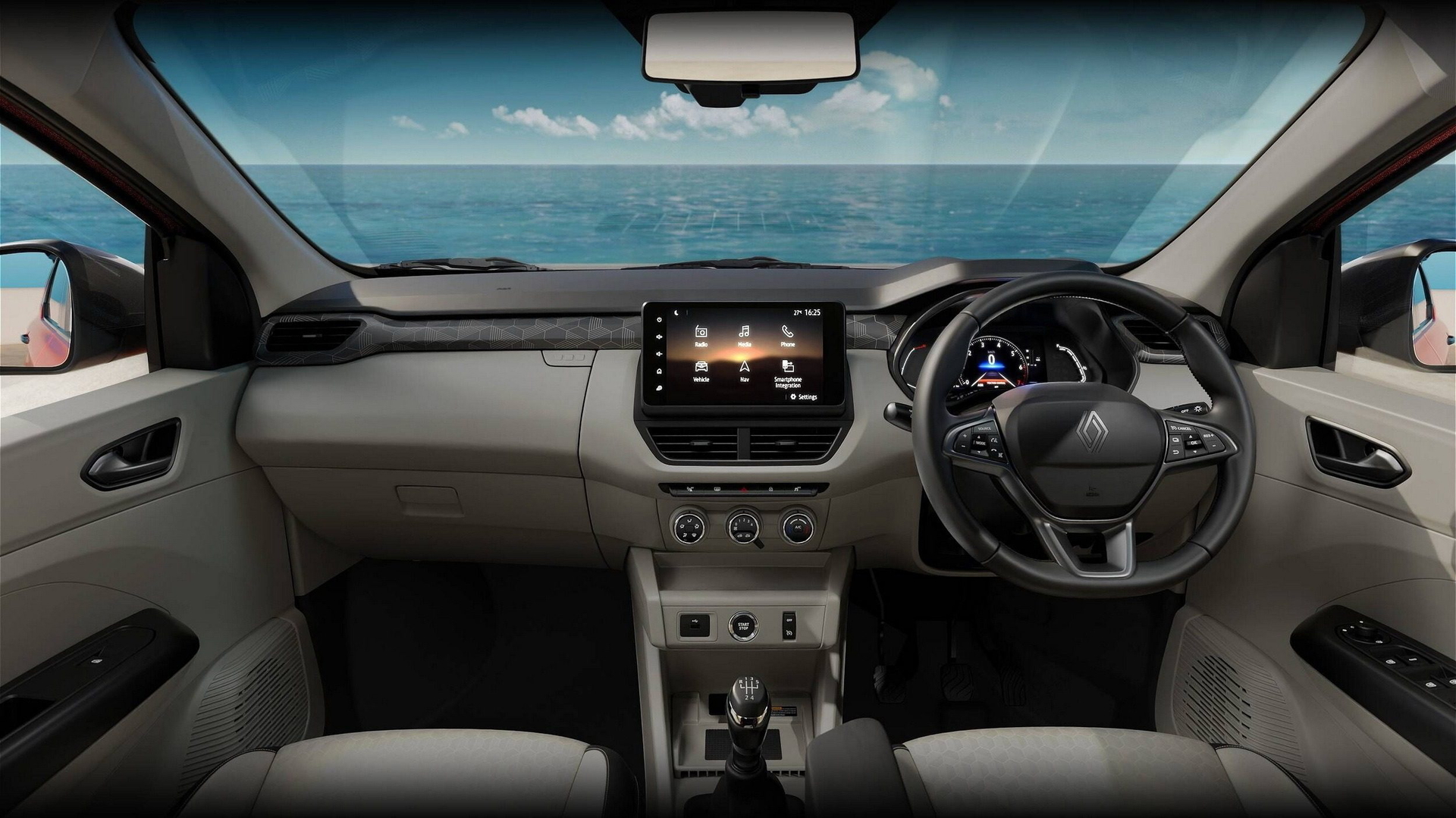 Interior del Renault Triber, con un diseño práctico y moderno.