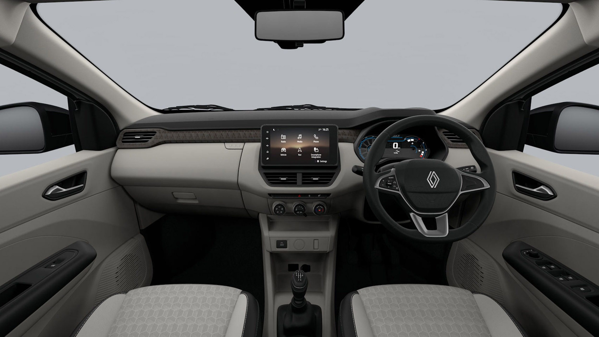 Vista del interior del Renault Triber, con asientos cómodos y tecnología intuitiva.