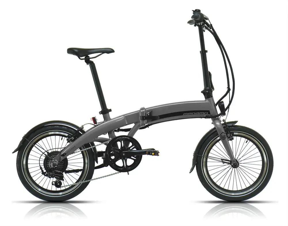 Vista lateral de la e-bike Megamo Executive en color gris, diseño plegable y moderno.