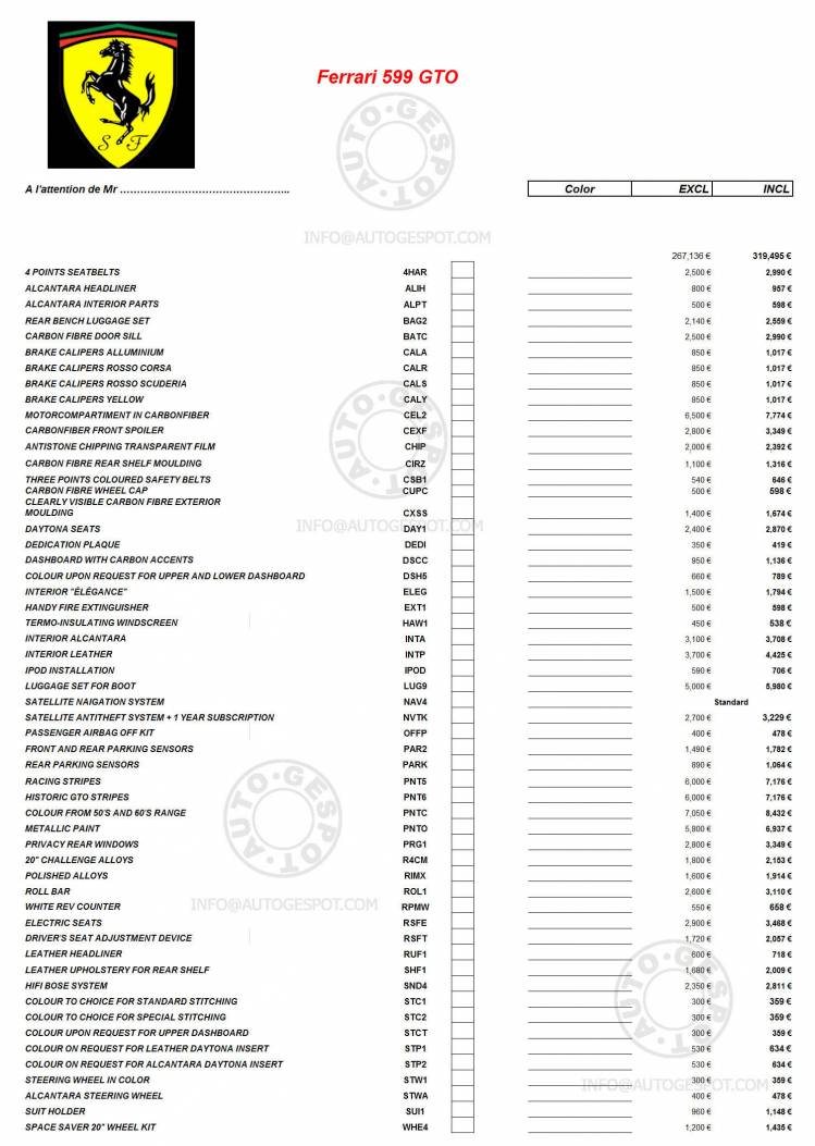 Ferrari 599 GTO - Lista de precios Ferrari 599 GTO - Lista de precios